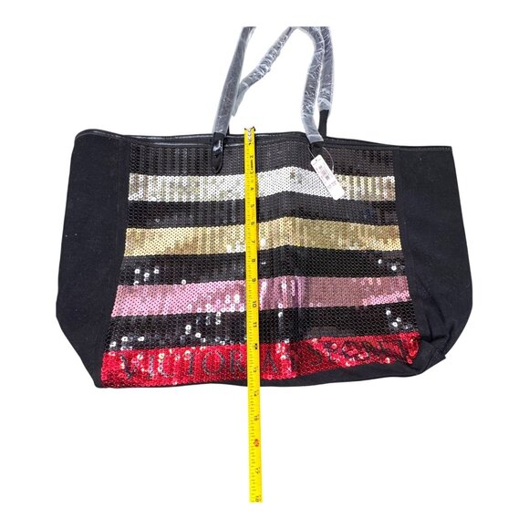 VICTORIA'S SECRET Large Travel Canvas/Sequin Striped Tote Bag Black W/ pouch New - Picture 8 of 14